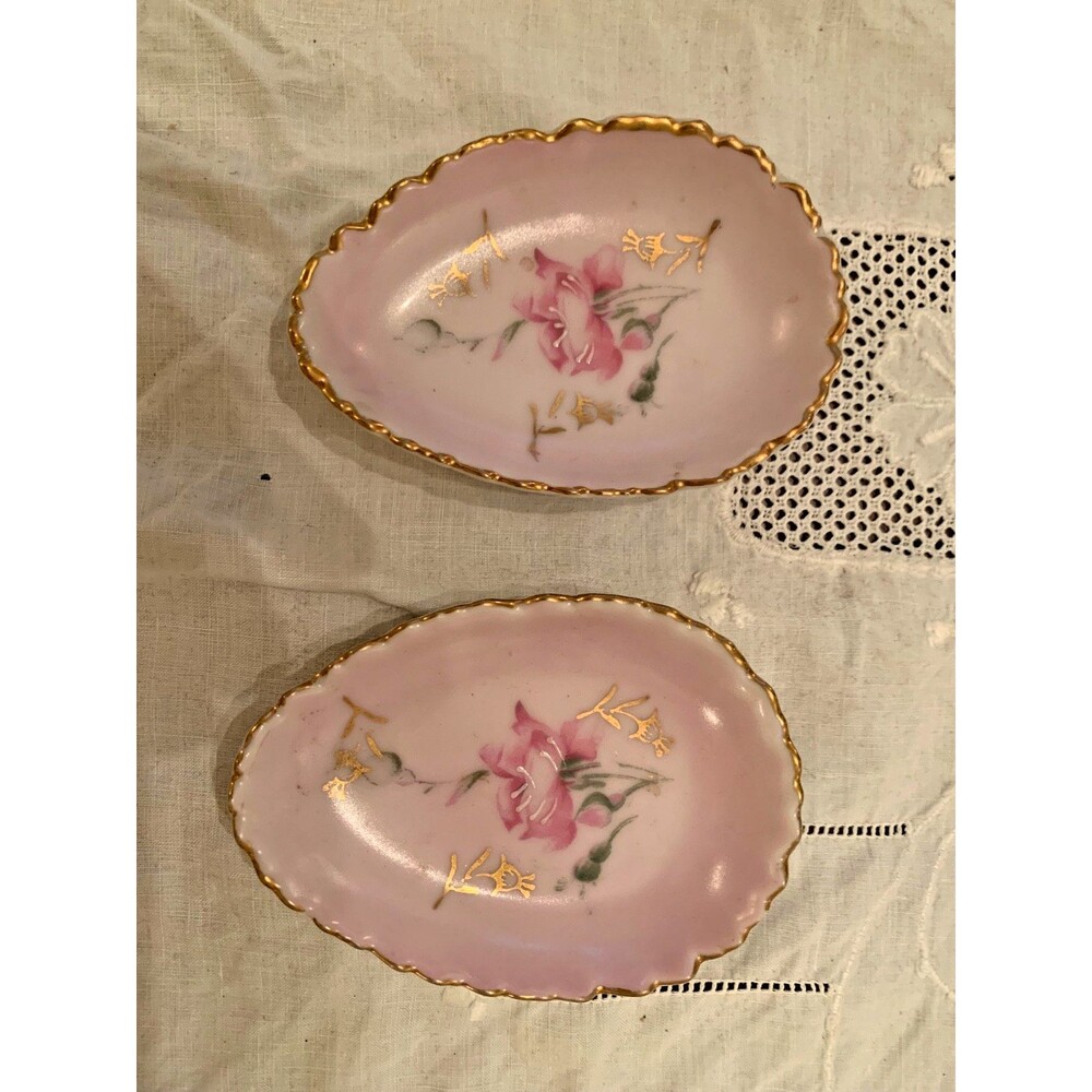 Set 2 LEFTON  PORCELAIN GOLD TRIM EGG SHAPE SMALL PIM TRAY WITH PINK ROSES